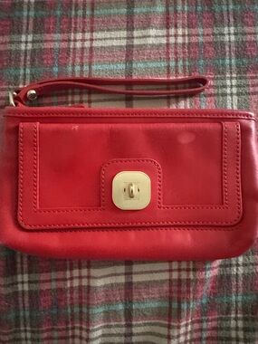 Longchamp Red Leather Wristlet Clutch with Gold Turn Lock